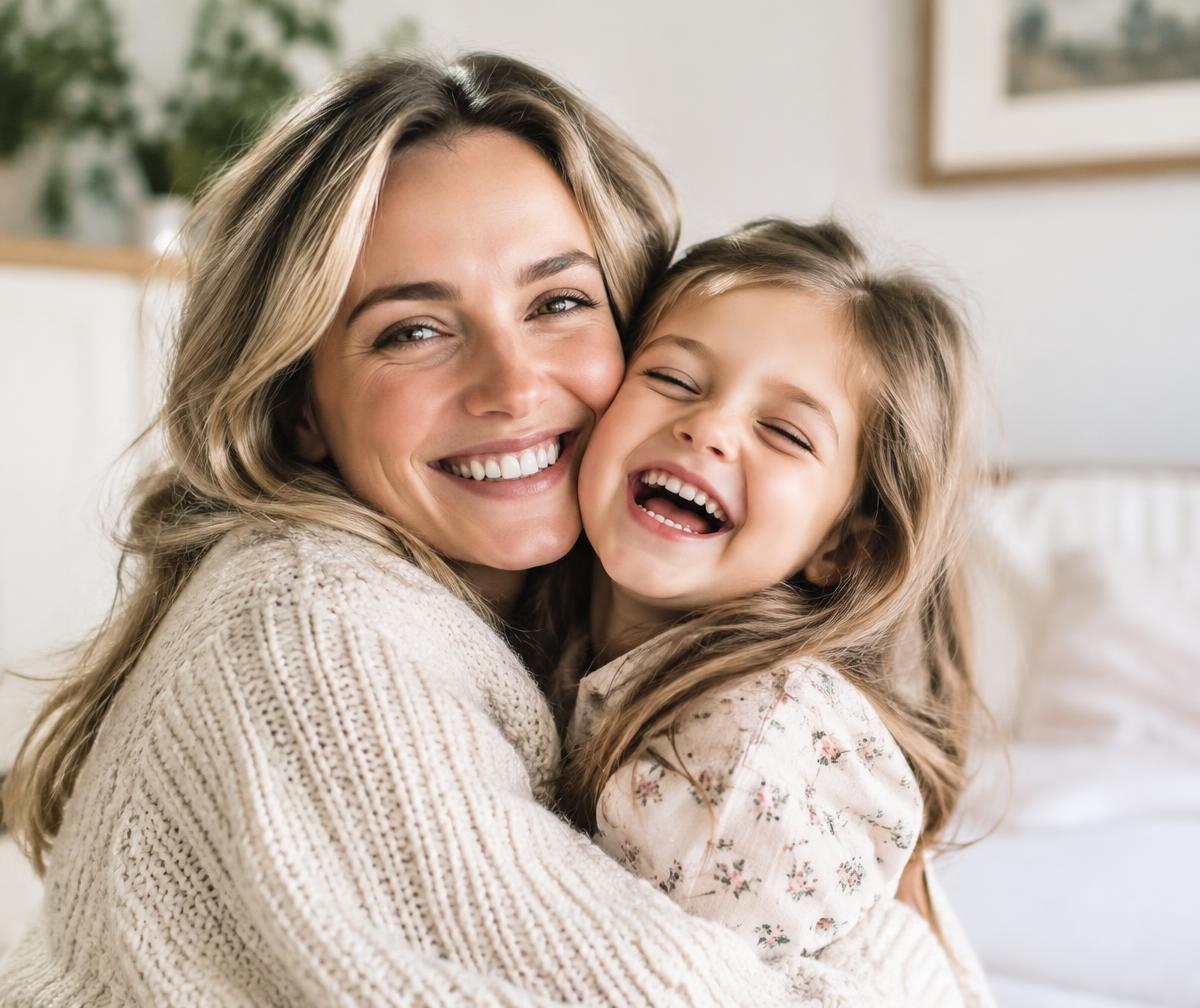 A mother and daughter hugging and laughing